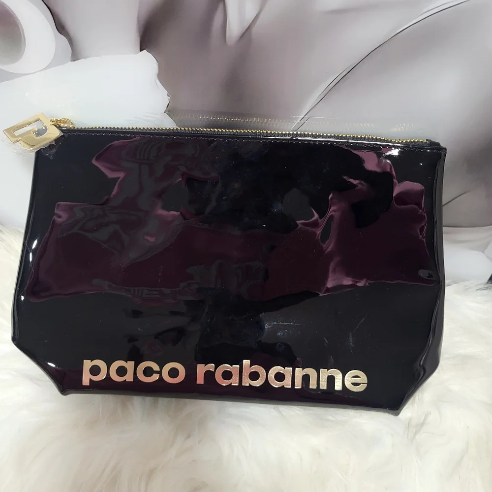 Paco Rabanne Black Faux Patent Leather Clutch Makeup Bag Travel Pouch NWOT